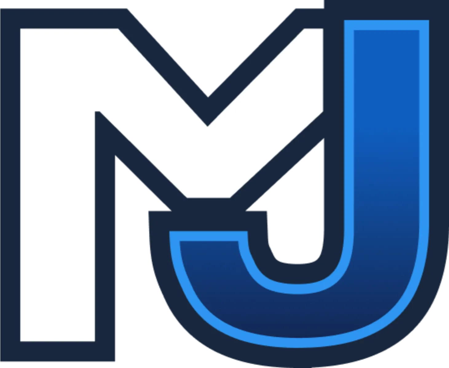 Gestileerd logo met witte M en blauwgetinte J met lichtblauwe rand op witte ondergrond