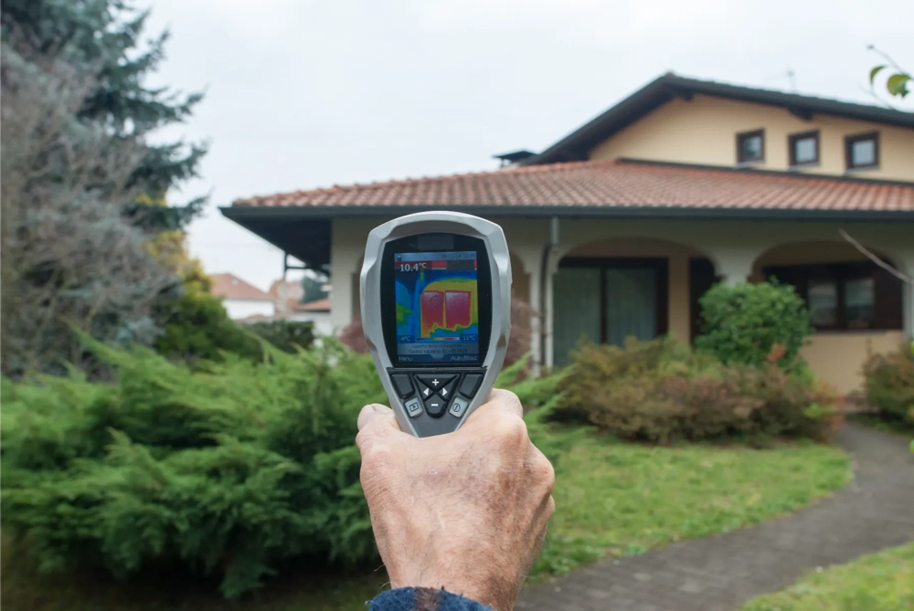 Warmtebeeldcamera in hand gericht op dak van woonhuis, warmtepatroon duidelijk zichtbaar op scherm