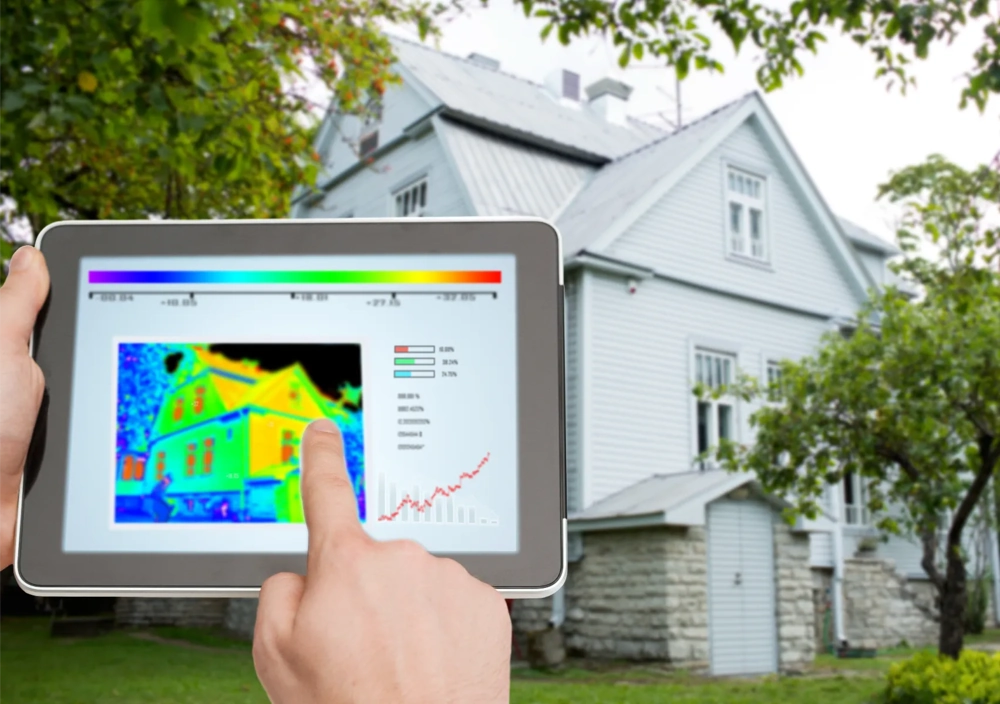 Tablet toont warmtebeeldcamera-inspectie van dak en gevel van woonhuis
