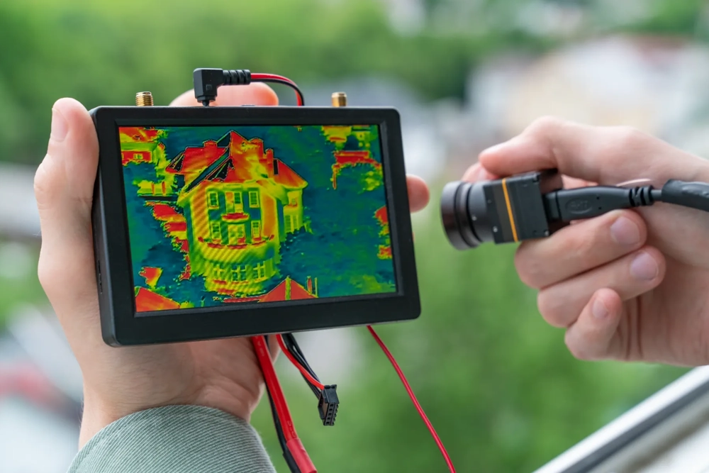 Technicus houdt warmtebeeldcamera en toont thermische kaart van dak en gevel voor inspectie